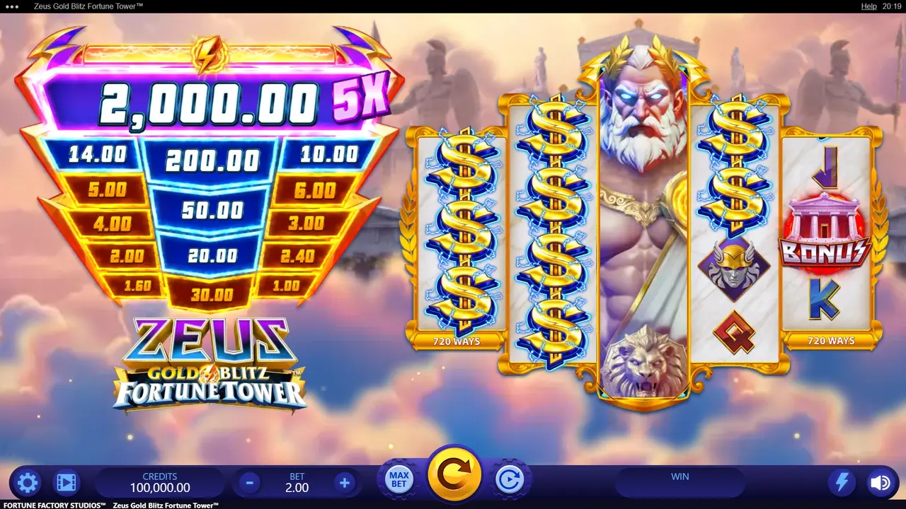 Play Zeus Gold Blitz Fortune Tower WIN $100