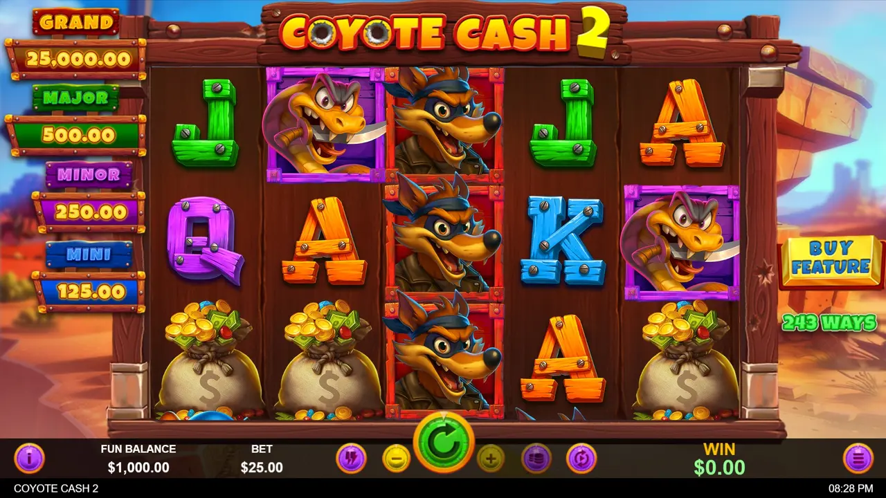 25 Free Spins on Coyote Cash 2 at SlotoCash