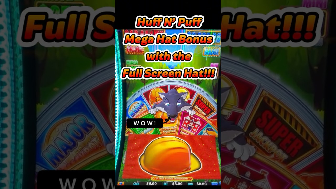 FULL SCREEN MEGA HAT! Huff N’ Puff Slot Big Win on Bonus Feature! #slots #shorts Video